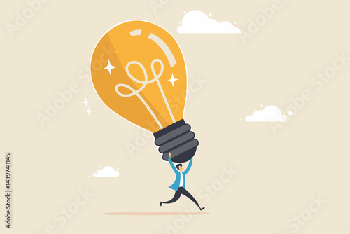 Big idea, creativity and innovation to change or invent new product, solution to solve problem, discover new idea concept, excited businessman carrying big lightbulb idea running to invent new product