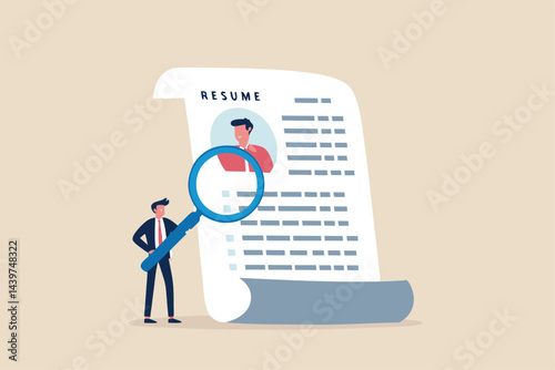 Candidate resume review by HR human resources hiring manager, employment or searching for talent and new staff concept, smart businessman hiring manager using magnifying glass tor review resume.