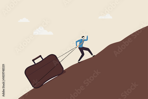 Persistence, effort and motivation to be success, challenge, overcome difficulty and achieve target, hard work, endurance and practice concept, strong businessman drag big business briefcase uphill.