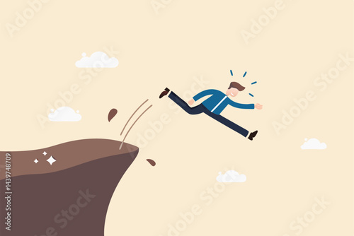 Business dumb, mistake, silly or self sabotage idea, bad decision in risky situation causing business failure concept, dumb thoughtless businessman jump off the cliff killing himself.
