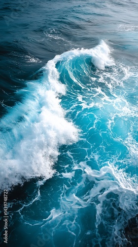 Ocean Wave Crest, Turquoise Water, Powerful Motion, High Angle View, Photo Suitable for Nature Backgrounds