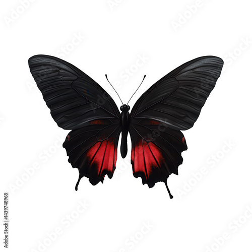 Elegant black and red butterfly on a transparent background, close up studio shot