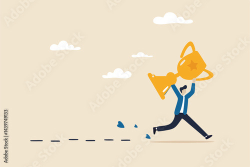 Success footprint, story from leader or winning entrepreneur, motivation to learn how success people achieve target concept, success businessman carrying big trophy walking leaving footprint to follow