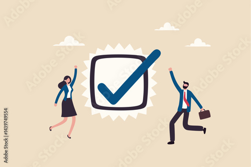 Complete task, accomplishment or project done checklist, success or achievement checkbox, job done concept, happy business people celebrate completed checkmark after finish responsible project.