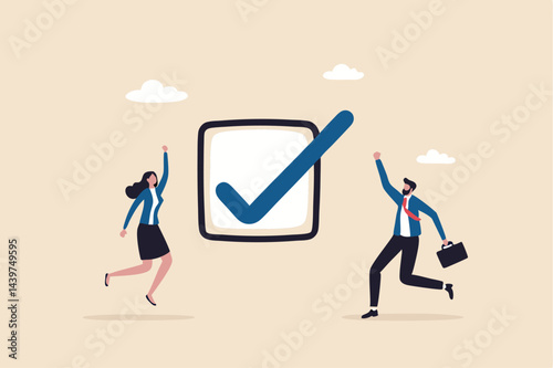 Complete task, accomplishment or project done checklist, success or achievement checkbox, job done concept, happy business people celebrate completed checkmark after finish responsible project.