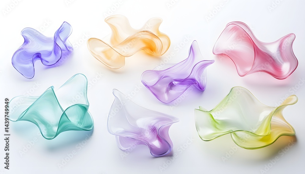 Seven translucent colored abstract sculptural forms arranged on a white surface