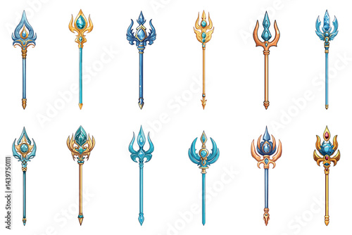 Poseidon trident set. Neptune power tool decoreted with gem stones. Myth marine king weapon. Fantasy titan spear sharp harpoon. Cartoon style isolated vector clipart collection