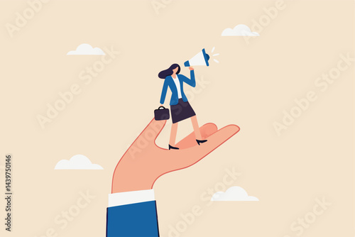 Empower or encourage employee to speak out, talk or discuss to solve business problem, listening to feedback or opinion concept, giant hand help businesswoman employee to speak out with megaphone.