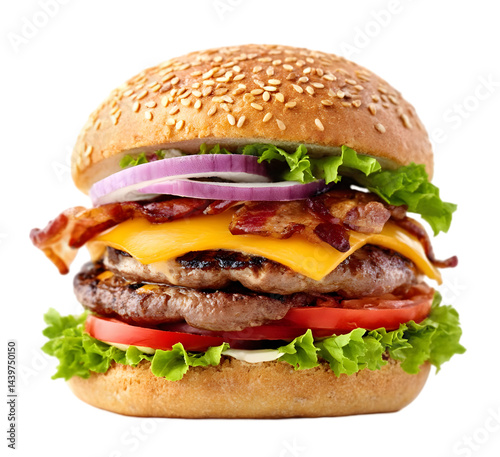 A delicious gourmet hamburger featuring layers of juicy beef patties, crispy bacon, cheddar cheese, fresh lettuce, tomato, and onions on a sesame bun.