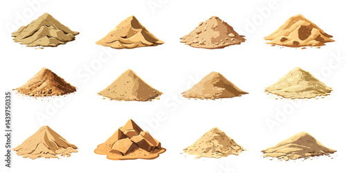 Sand pile set. Abstract stack shapes with rough grain texture. Renovation industrial work graphic design element. Sandy dust material. Cartoon style isolated vector clipart collection