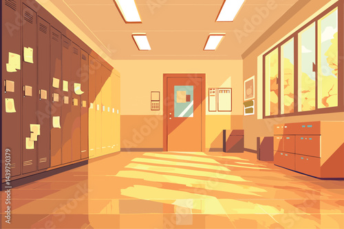 School corridor horizontal background. Bright illumination big windows. Indoor hallway view with student lockers. Clean empty area. Cartoon style vector illustration