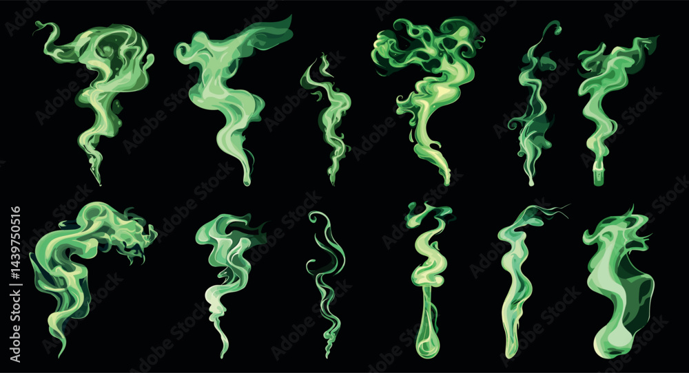 Naklejka premium Smelling smoke set. Bad green smell toxic deadly gaz fume steam effect acid effects. Potion evaporations stench chemical vapor shapes. Cartoon style Isolated vector clipart collection