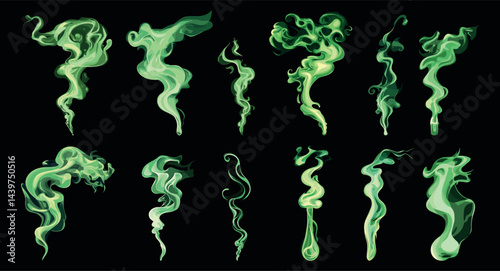 Smelling smoke set. Bad green smell toxic deadly gaz fume steam effect acid effects. Potion evaporations stench chemical vapor shapes. Cartoon style Isolated vector clipart collection