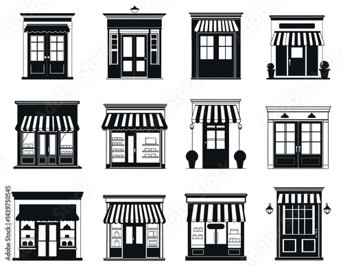 Store door entrance set. Old fashioned store facade with showing window. Shopping retail building architecture front view. Black and white simple flat style. Isolated vector clipart on white