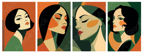 Stylized art deco woman portraits set. Human beauty. Aesthetic modern trendy wall paper art. Magazine leaflet brochure cover. Minimalistic flat cartoon style vector illustration