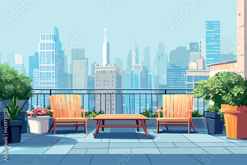 Terrace on rooftop horizontal background. Patio with city skyscapers view. Plant in pots comfortable chairs little table. Nature in the town. Cartoon style vector illustration