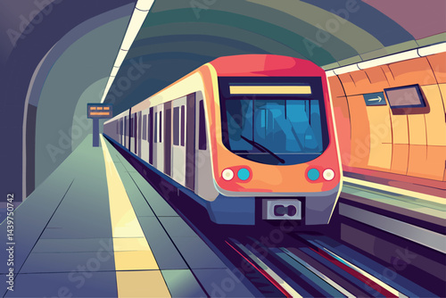 Train on subway station horizontal background. Underground city metro. Modern urban public transportaion. Metropolitan rail vehicle. Retro colors. Cartoon style vector illustration