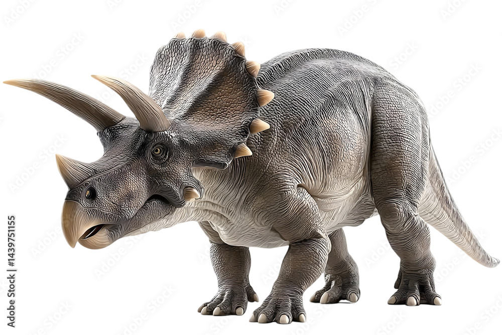 Fototapeta premium A lifelike representation of a Triceratops, showcasing its distinctive three-horned face and armored body, capturing the essence of the prehistoric era.