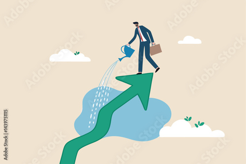 Grow business increase profit, growth investment or prosperity, wealth growing or accumulate, asset price rising up concept, happy businessman pouring water with care to grow company growth arrow.