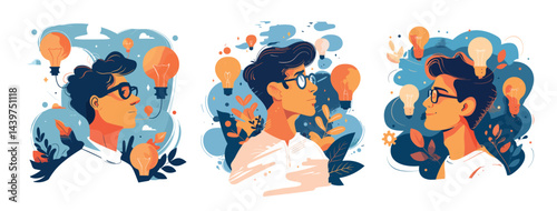 Visionary cartoon vector concepts. Man profile glasses startup investor entrepreneur businessman character trust success intuition future project ideas vision, illustrations isolated on white