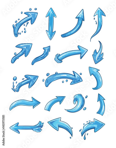 Water markers arrows cartoon vector set. Flow liquid stream aqua direction splashes cursors pointers blobs stains smears , isolated illustrations on white backdrop