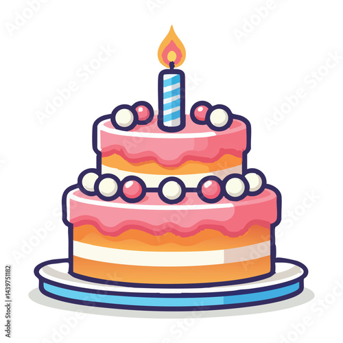 Two tiered birthday cake with candle and decoration illustration