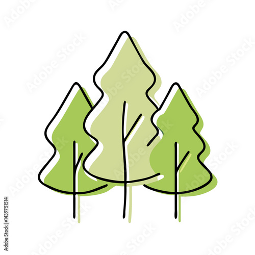 Three green cartoon trees icon in minimal forest illustration