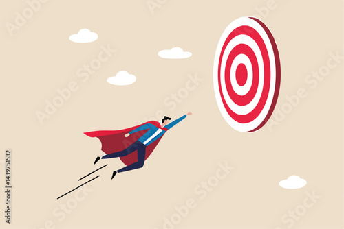 Goal achievement, challenge or mission to win and achieve success target, leadership, motivation and skill to reach work objective concept, businessman superhero flying fast through business target.