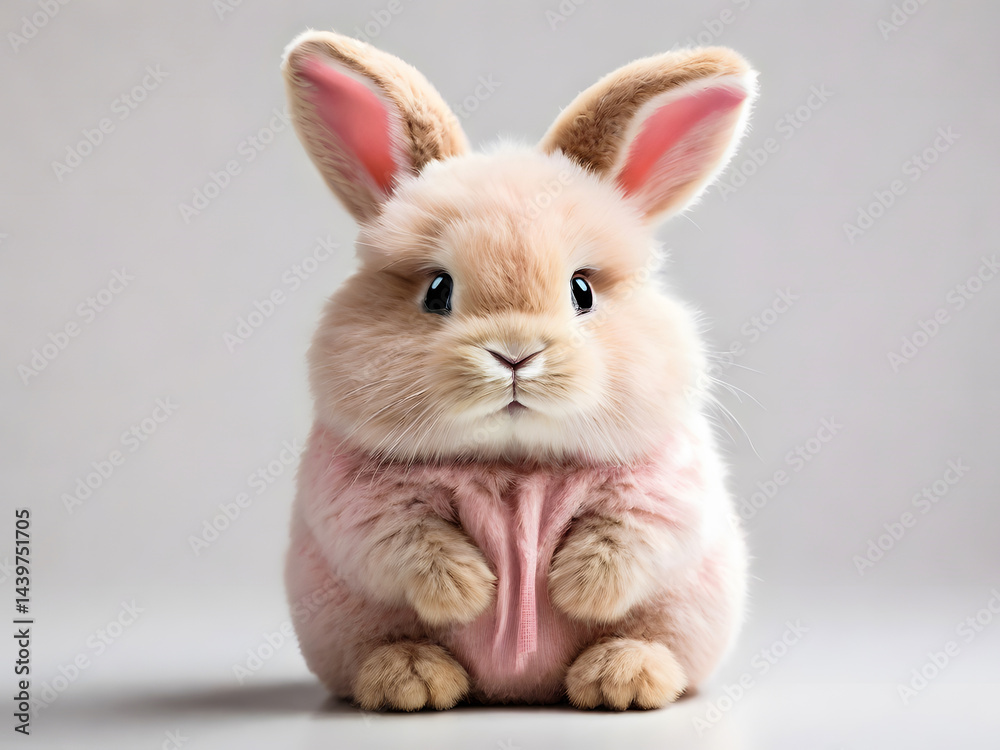 Fototapeta premium A fluffy baby rabbit with long ears sits wearing a pink hooded sweater.