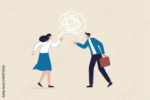 Different opinion, conflict or argument in meeting discussion debate, disagreement or fight, challenge dialog concept, businessman and woman colleague arguing different opinion to find out solution.