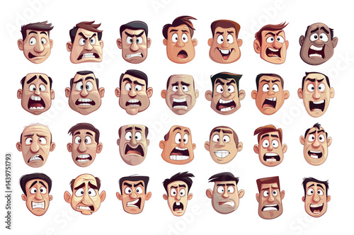 Worried frightened people avatars cartoon vector set. Nervous tense male anxious heads, doubtful confused concerned uneasy characters apprehensive persons, isolated illustrations on white