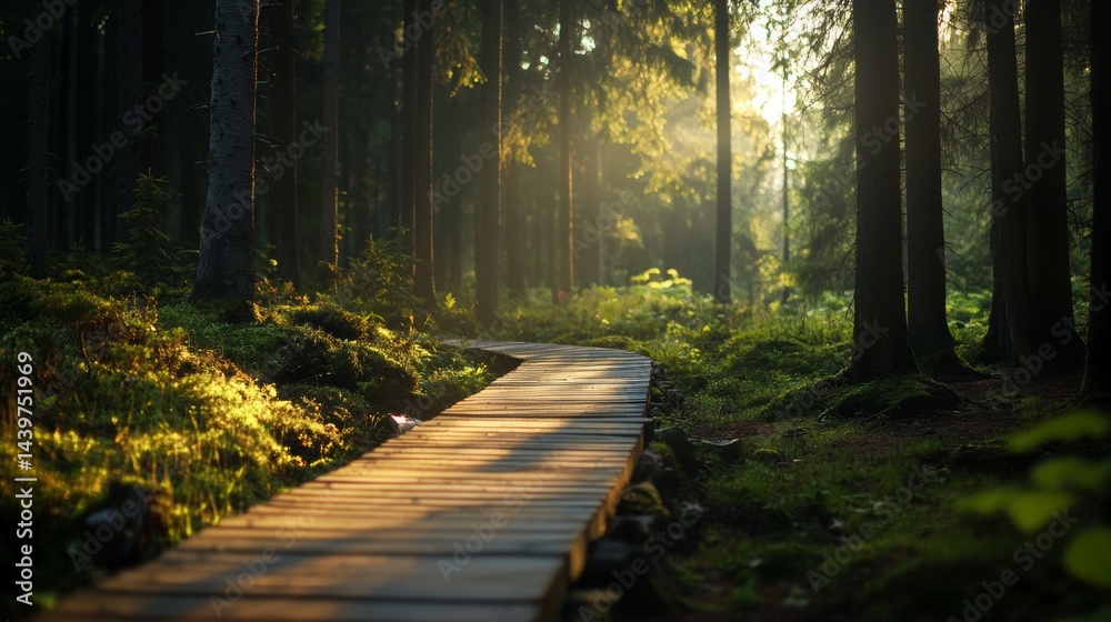 Obraz premium Warm golden light streaming over a wooden pathway in a dense forest, creating a fairytale effect,