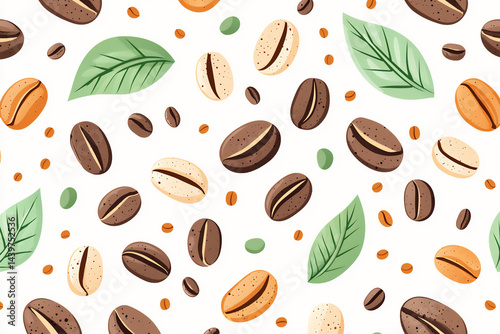 minimalist illustration of stylized coffee beans and leaf, simple brown and green shapes