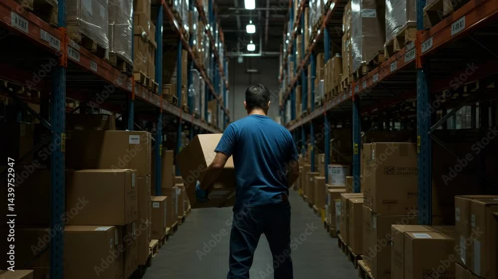 Warehouse worker pushing box through aisle Warehouse worker pushing box through aisle