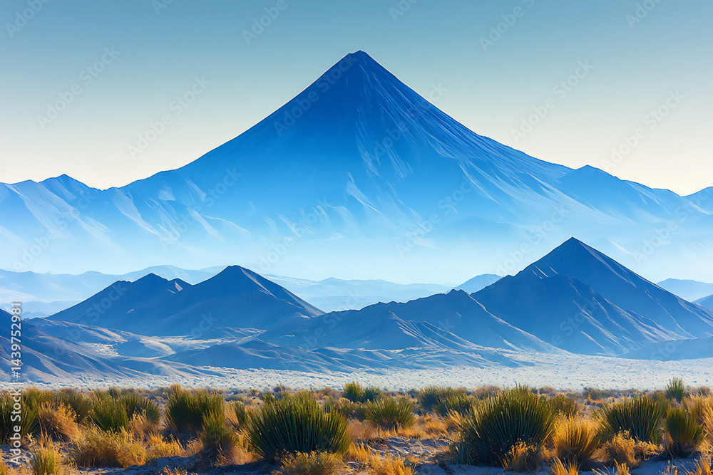 Fototapeta premium simple shapes of a serene latin american landscape (mountain silhouette), muted blue tones