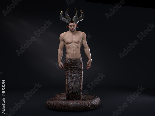 3D Render : A human-snake hybrid male creature, half snake half human, fantasy lord male naga character