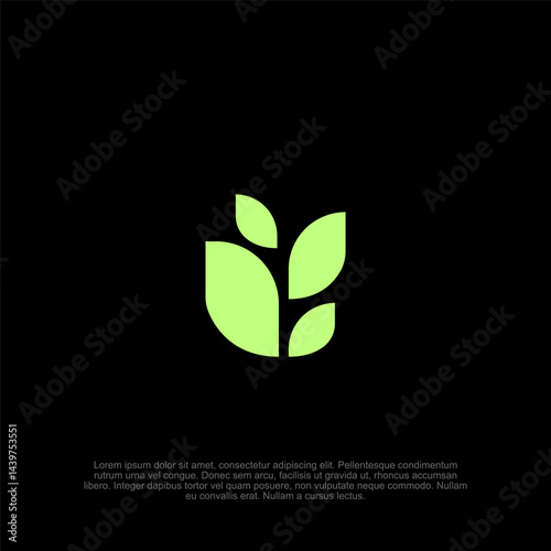 Abstract Green Leaf Sprout Symbol on Black Backdrop, Ideal for Branding, Eco-Friendly Initiatives, and Modern Design Concepts, a Minimalist and Versatile Illustration