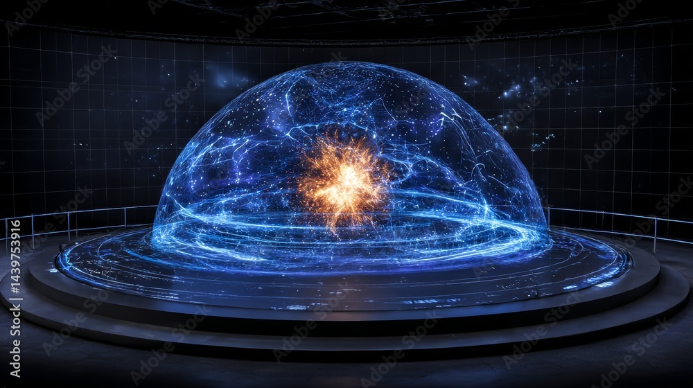 Immersive holographic dome displays simulated cosmic events in a futuristic science lab setting