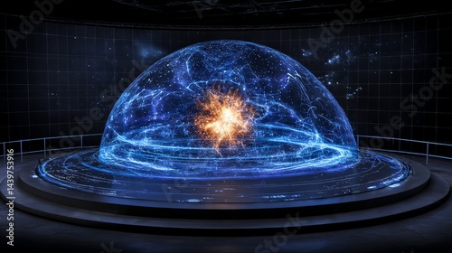 Obraz na płótnie Immersive holographic dome displays simulated cosmic events in a futuristic science lab setting w salonie