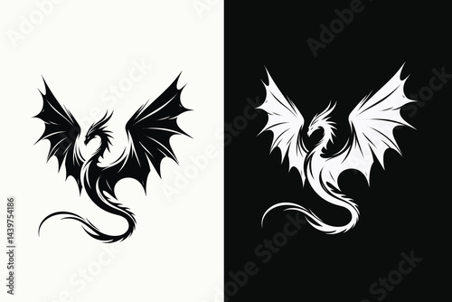 "Black and white twin dragons flying logo, symmetrical tribal dragon tattoo design, fantasy flying dragons artwork, mythology creature silhouette, medieval dragon symbol"