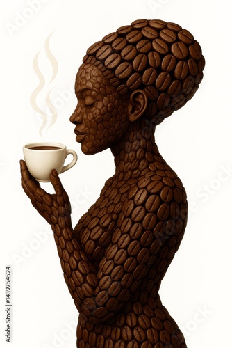 Mulher de café - arte criativa de mulher brasileira  formada por grãos de café segurando uma xícara fumegante

