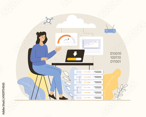 Cloud computing, online database, web hosting, web data center. Woman storing data on cloud server. Flat vector illustration.