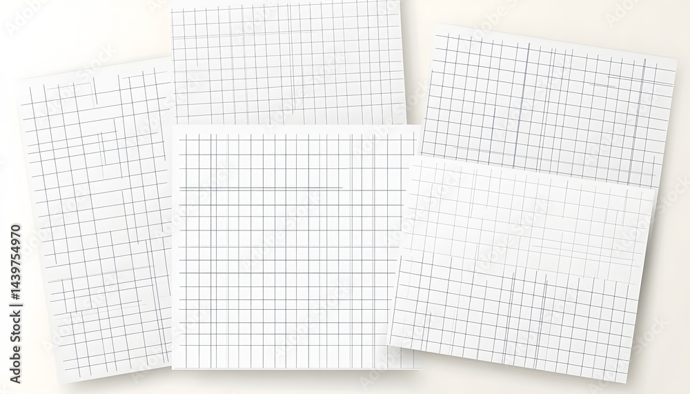 Several sheets of white graph paper arranged on a light background