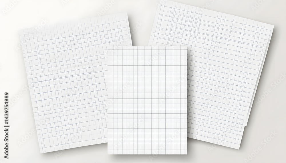 Three sheets of gridded paper arranged on a plain neutral background