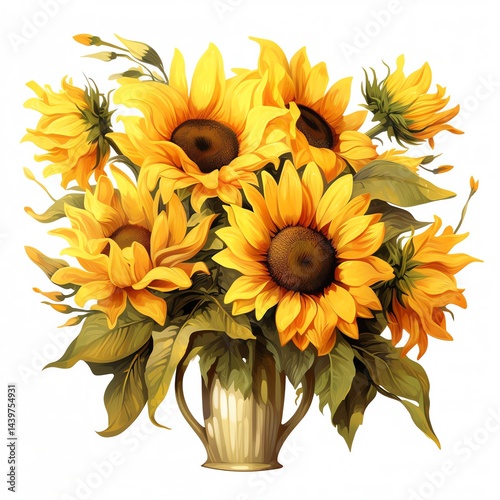 Radiant Sunflowers in Antique Vase, a Vibrant Summer Bouquet, Full of Joy and Warmth photo