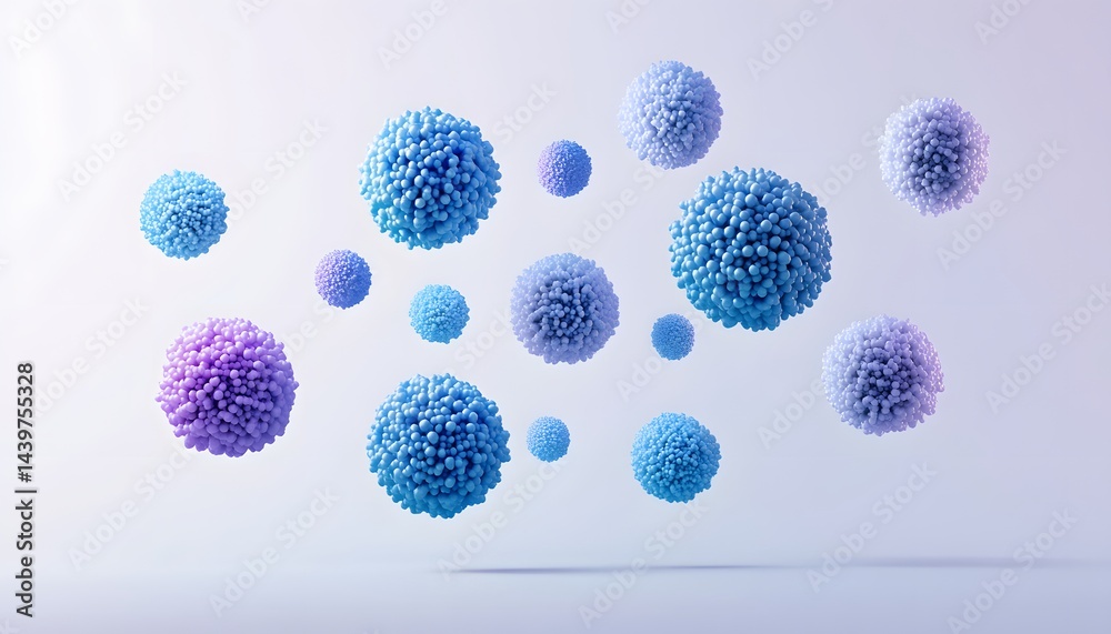 Floating spheres with textured surfaces and soft color gradients fill space