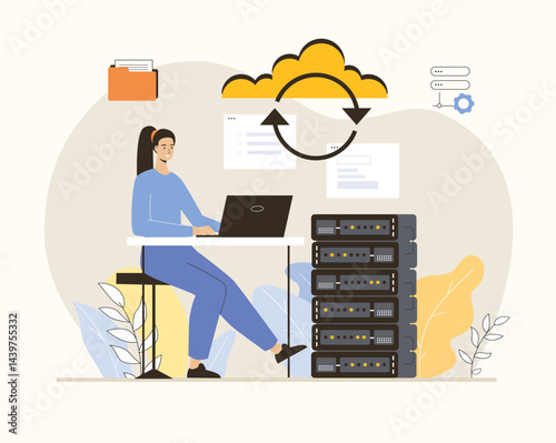 Cloud computing concept. Big data storage and exchange, hosting security. Information management. Flat vector illustration.