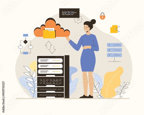 Cloud computing, storage concept. File transfer, data backup, document storage, cloud technology, upload and download. Flat vector illustration.