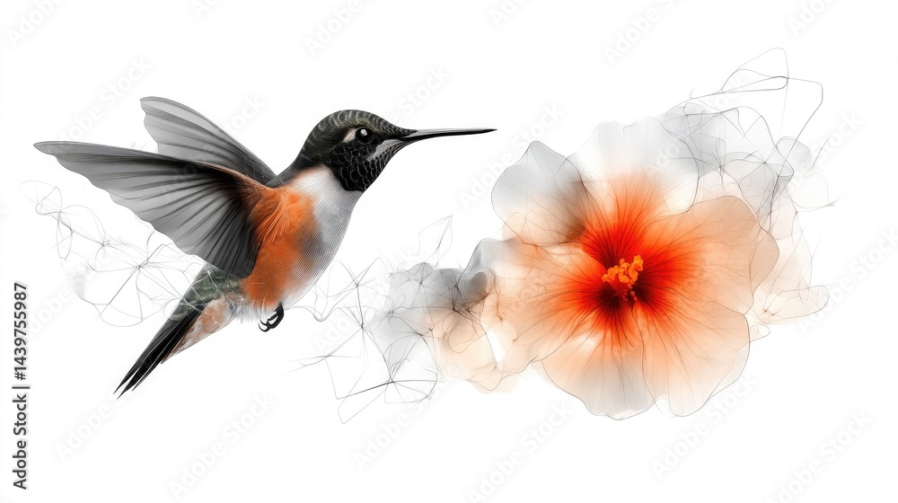 Fototapeta premium Simple one-line sketch of a hummingbird hovering near a flower on an absolutely white background.