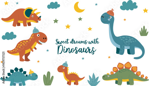 Cute cartoon dinosaurs in night hats surrounded by stars, moon, and clouds. Ideal for children's books, nursery posters, baby clothing prints, and themed decor. Vector illustration
